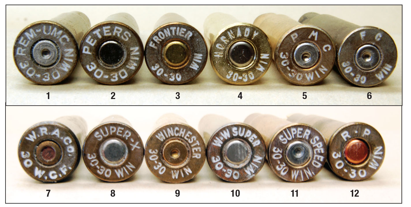 Some common headstamps found on .30-30 Winchesters are the (1) early Remington, (2) Peters Cartridge Company, (3) early Hornady, (4) today’s Hornady, (5) Korean import, (6) Federal Cartridge, (7-11) Winchester and (12) today’s Remington.